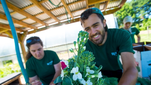 A student holding an a arrangement at a farmers market.