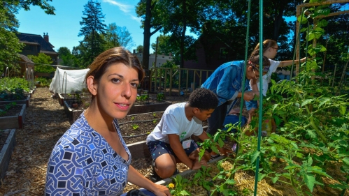 People working in a garden.