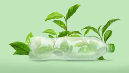 A rendering of a plastic bottle with plants growing out of it.