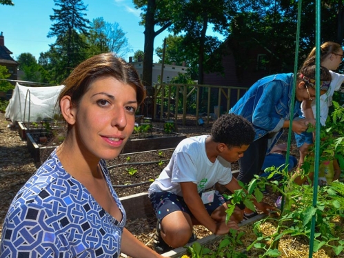 People working in a garden.