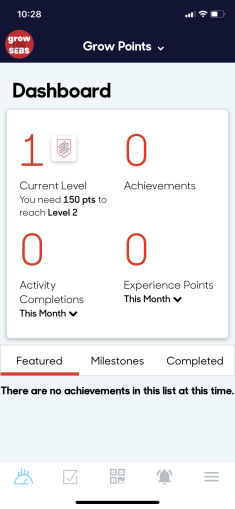 A screen shot of the Grow@SEBS program mobile app showing your Dashboard.